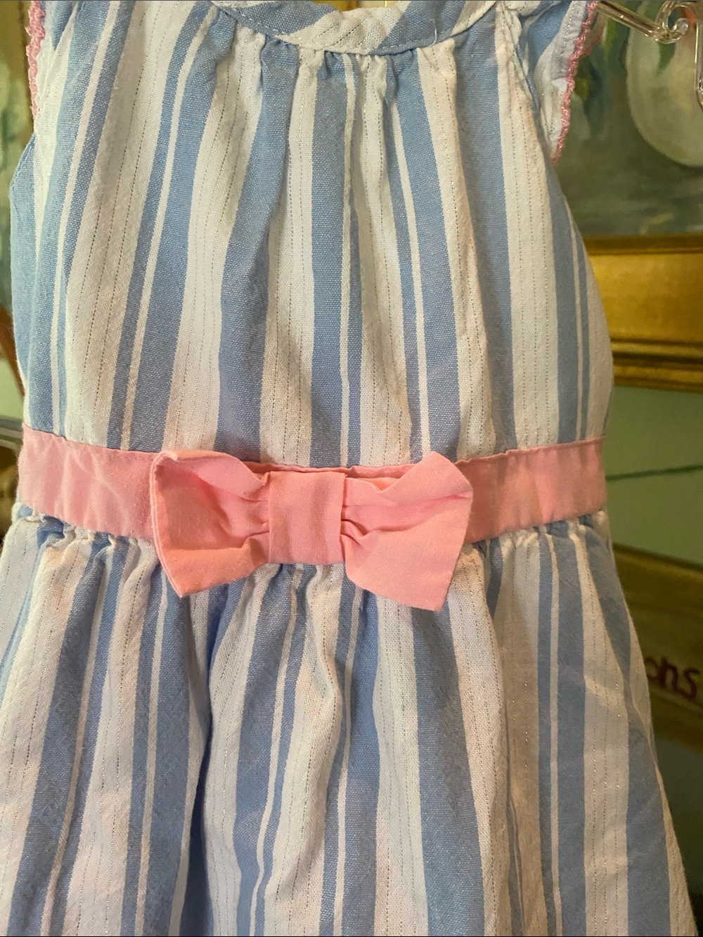 Penelope Mack blue & white striped toddler dress featuring a pink bow - SZ 2T - Picture 3 of 10